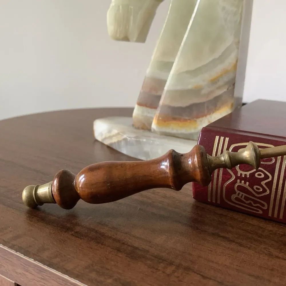 Antique Brass Bell Hinge Candle Snuffer Wooden Handle Patina Vintage Unique 13”